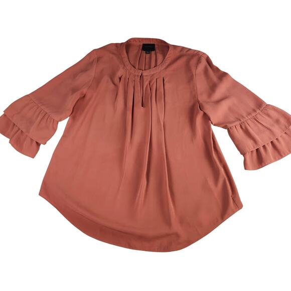 Alex Marie Rust Orange Ruffle Bell Sleeve Blouse Size Large Office Chic - Picture 2 of 9